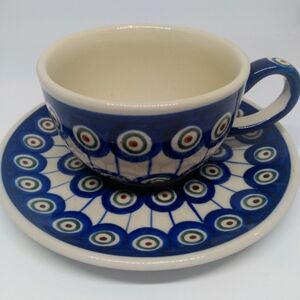 Handmade and painted Boleslawiec tea cup saucer set